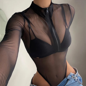 Sheer Mesh Lapel Mesh Perspective Half Zipper  Long Sleeve Bodysuit