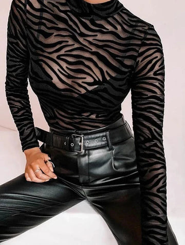 Shestyle Tiger Print Mesh Transparent Bodysuit Women Black Sexy Mock Neck Button Long Sleeve Spring Elastic Punk Body Slim