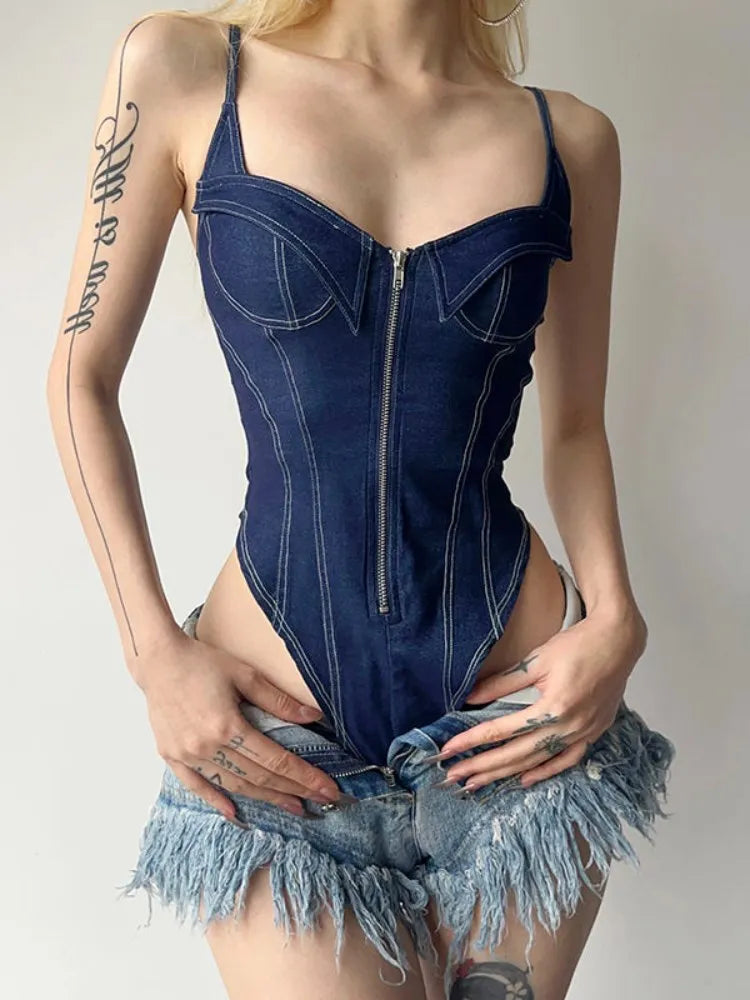 Summer Vintage Sleeveless Denim Spaghetti Strap Bodysuits