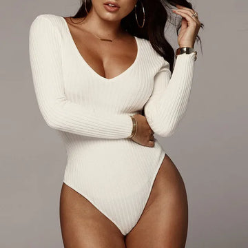 Elegant Knitted Long Sleeve White Bodysuit Slim Fit Leotard