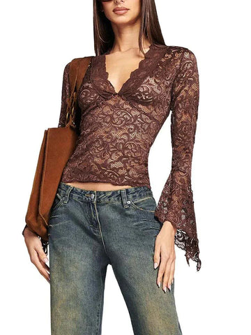 Long Sleeve V Neck Lace See Through Solid Tops