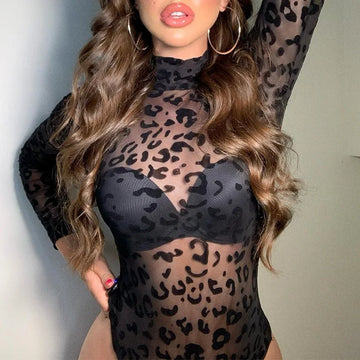 Women Leopard See Through Long Sleeve Bodysuit