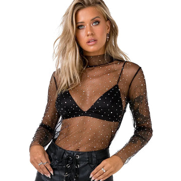 Women Sparkle Sheer Mesh Sequins See-Through Long Sleeve Shirt