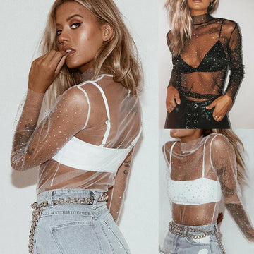 Women Sexy Mesh Long Sleeve Rhinestone Sheer Tops