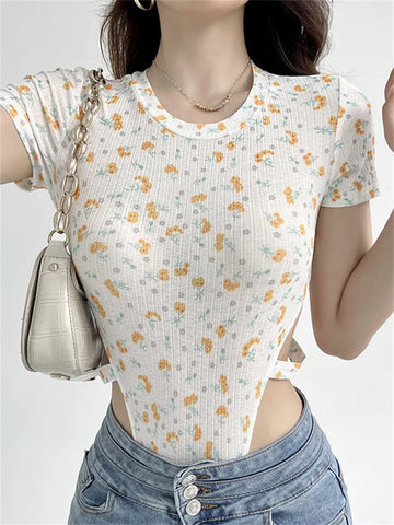 Women Short Sleeve High Cut Out Floral Bodysuit