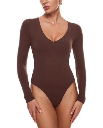 V-Neck Long Sleeve Thong Bodysuit for Women