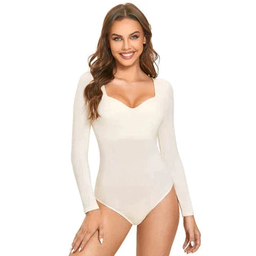 Sexy Deep V Neck Long Sleeve White Bodysuit with Built in Bra