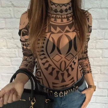 Totem Print Long Sleeve Bodysuit Stretch Leotard