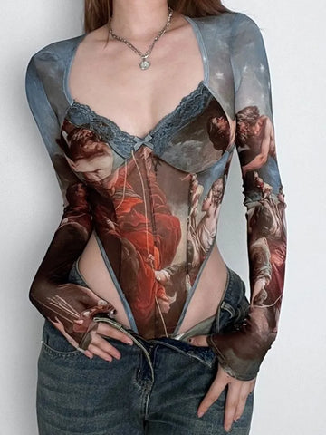 Women's Long Sleeve Retro Oil Painting Printed V-neck Lace Mesh Bodysuits