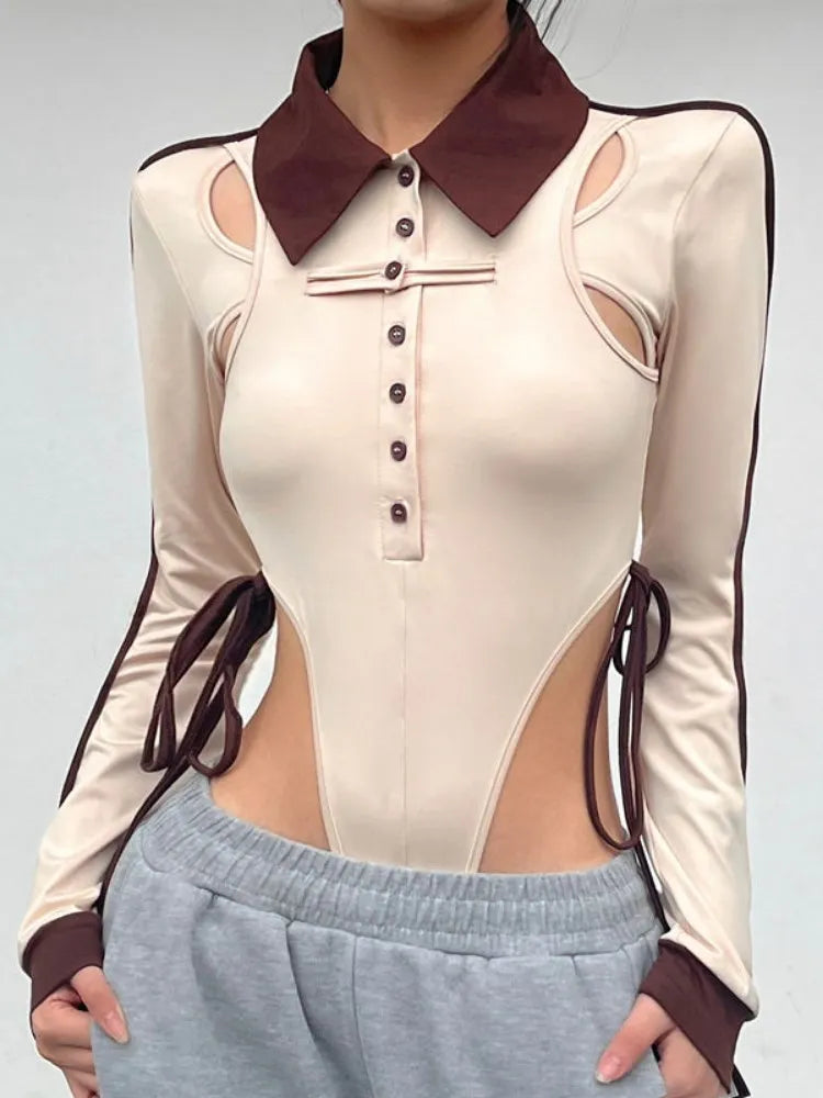 Women Long Sleeves Irregular Patchwork Hollow Out Bodysuits