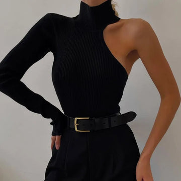 Women Turtleneck Black One Shoulder Kintted Bodysuit