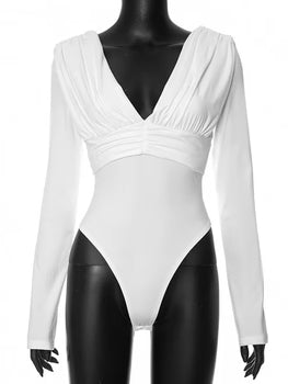 YEAE Deep V Neck Sexy Ruched Bodysuit Women White Skinny Long Sleeve Body Tops Rompers 2023 Autumn Elegant Night Party Bodysuit