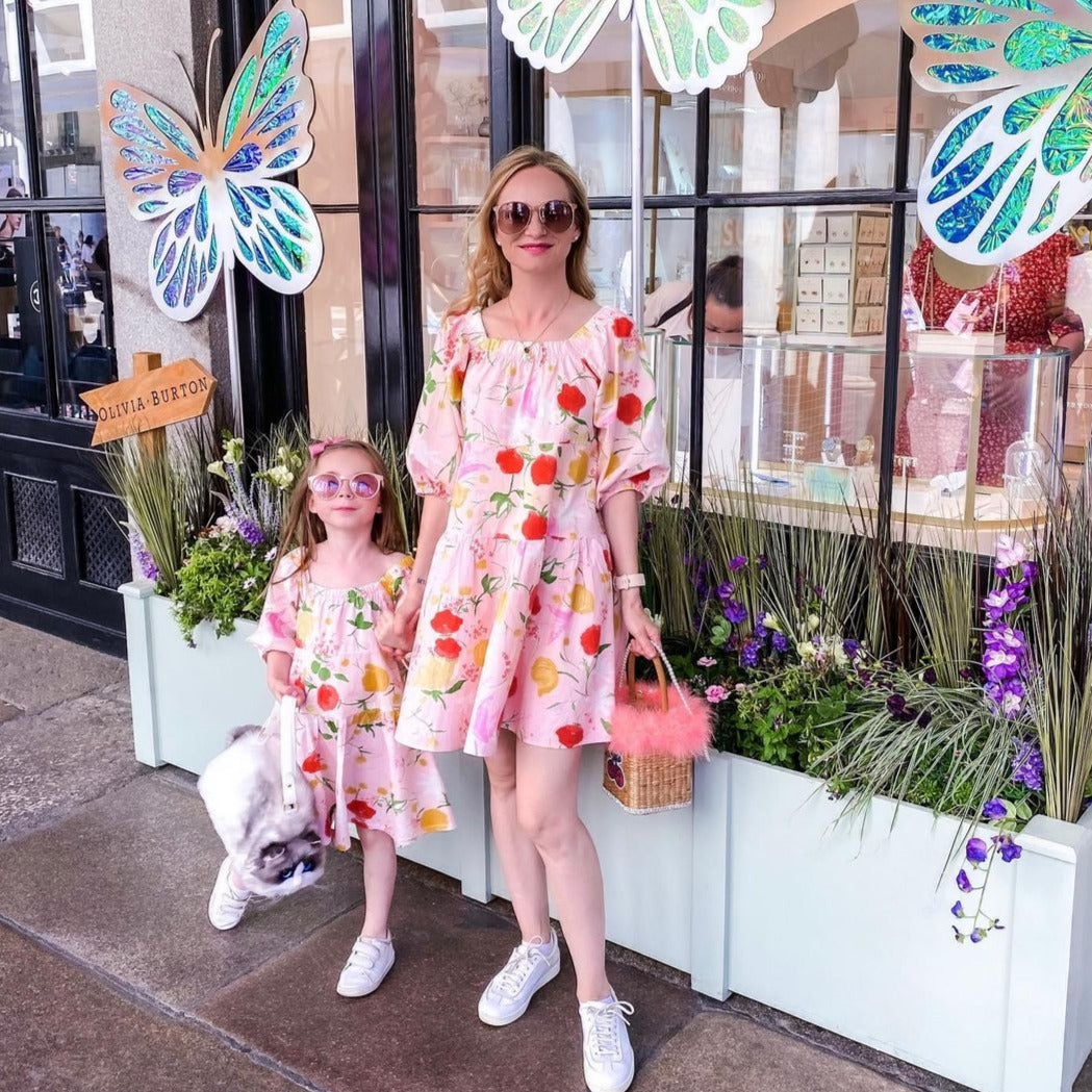 Mommy and Me Floral Lantern Sleeve Ruffle Hem Dress