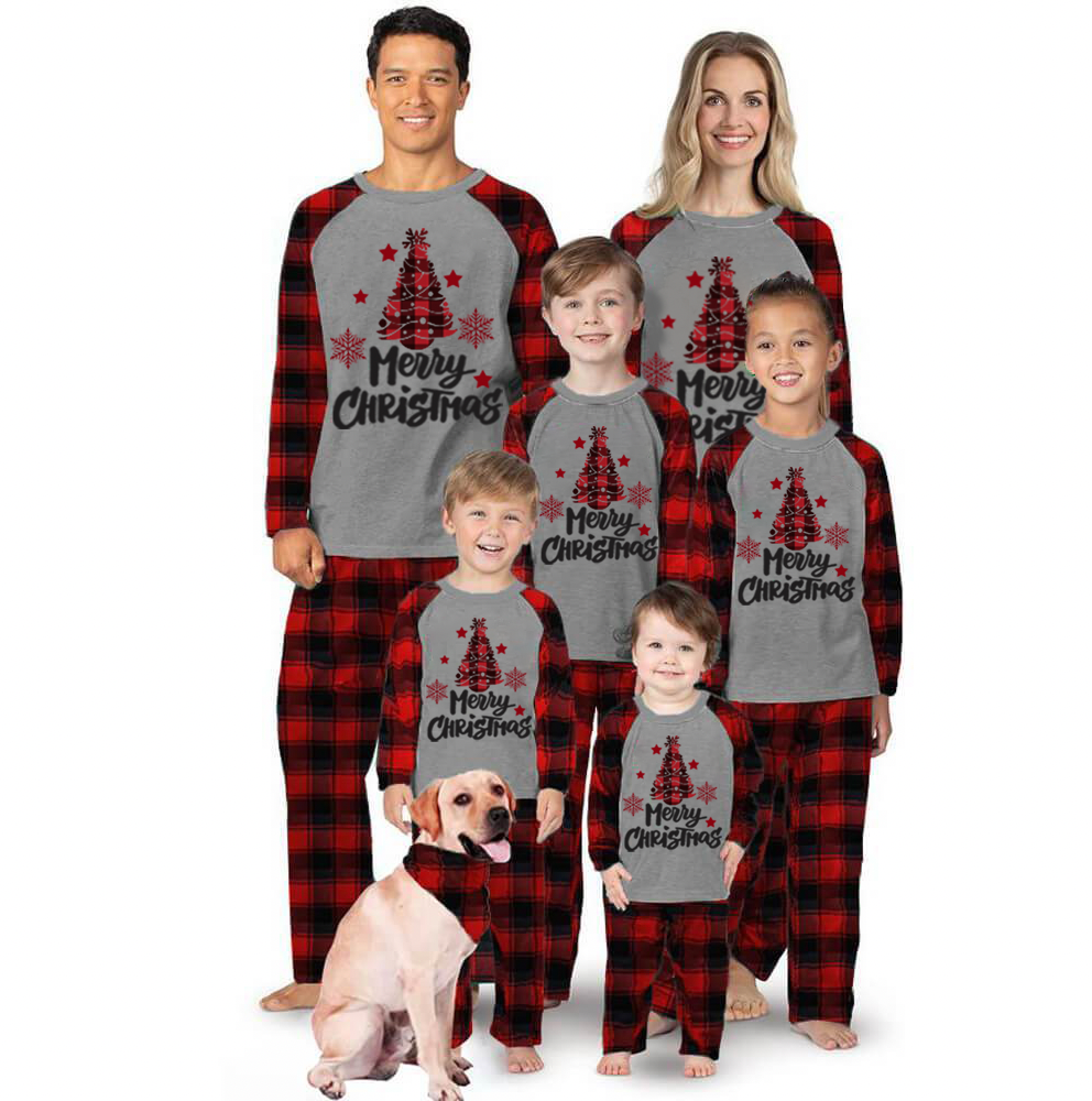 Merry Christmas Letter Tree Print All Black&Red Plaid Family Matching Pajamas With Dog bandana
