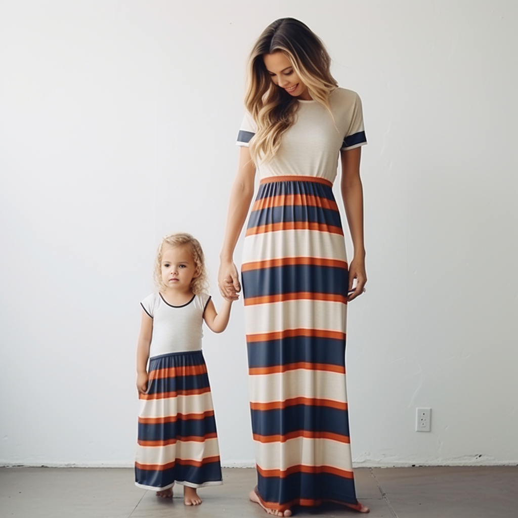 Mommy and Me Striped Print Short Sleeve Dress