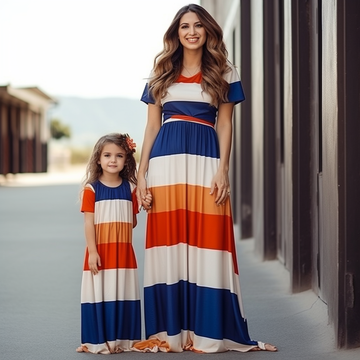 Mommy and Me Striped Print Short Sleeve Maxi Dress
