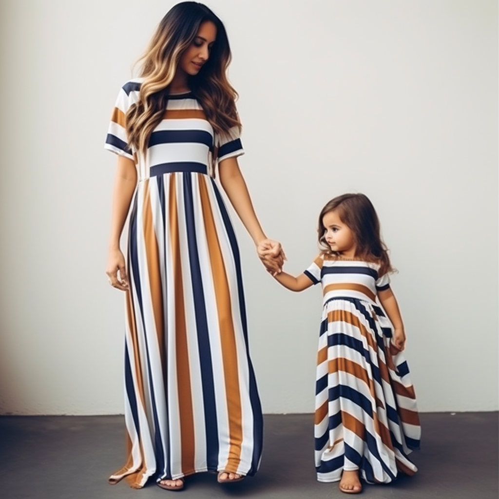 Mommy and Me Short Sleeve Striped Print Long Dress