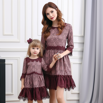 Mommy and Me Contrast Lace Ruffle Hem Dress
