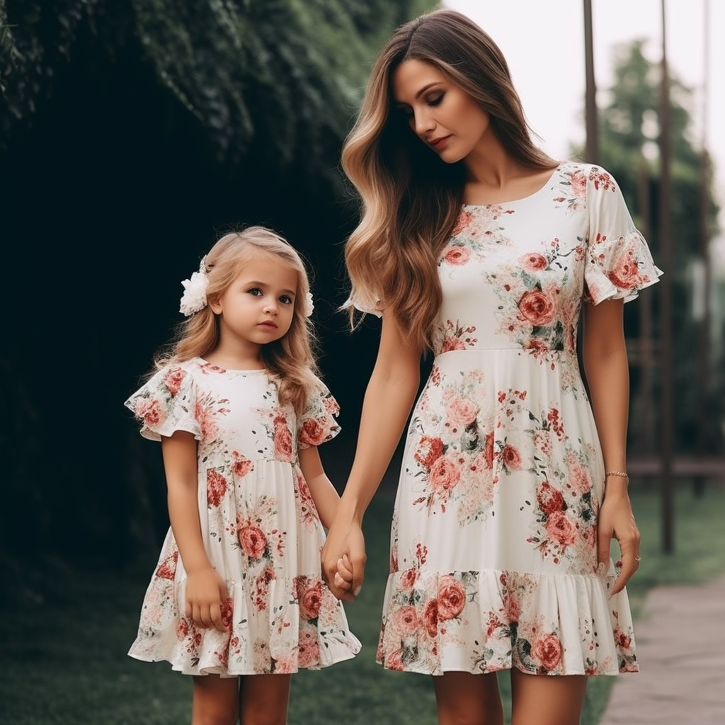 Mommy and Me Floral Print Ruffle Trim Dress