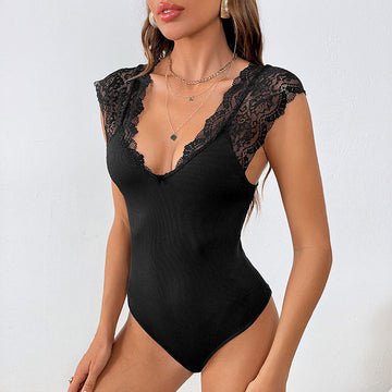 Lace Patchwork Deep V Knitted Short Sleeve Bodysuit