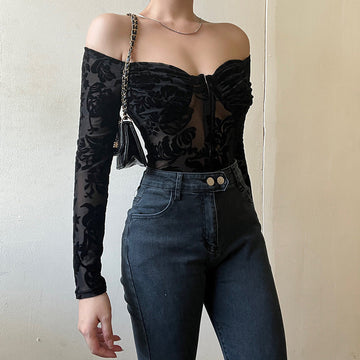 Women Long Sleeve Off Shoulder Lace Floral Bodysuit