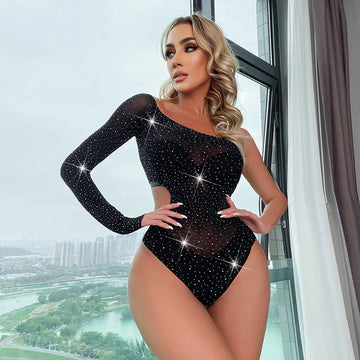 Women Rhinestone One Shoulder Dress See through Mesh Bodysuits