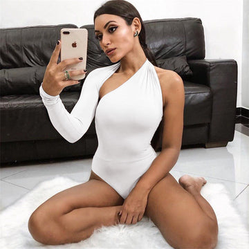 One Shoulder Long Sleeve Bodysuit Slim-Fit White