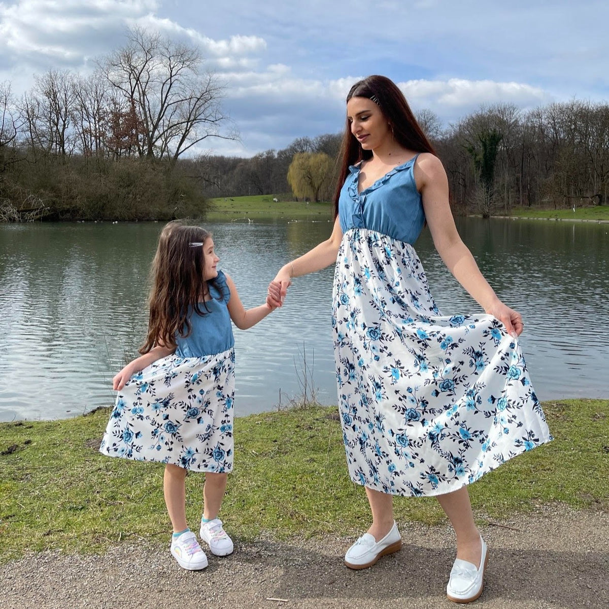 Patchwork Matching Set Denim Patchwork Family Flowers Pattern Matching Sets in light Blue